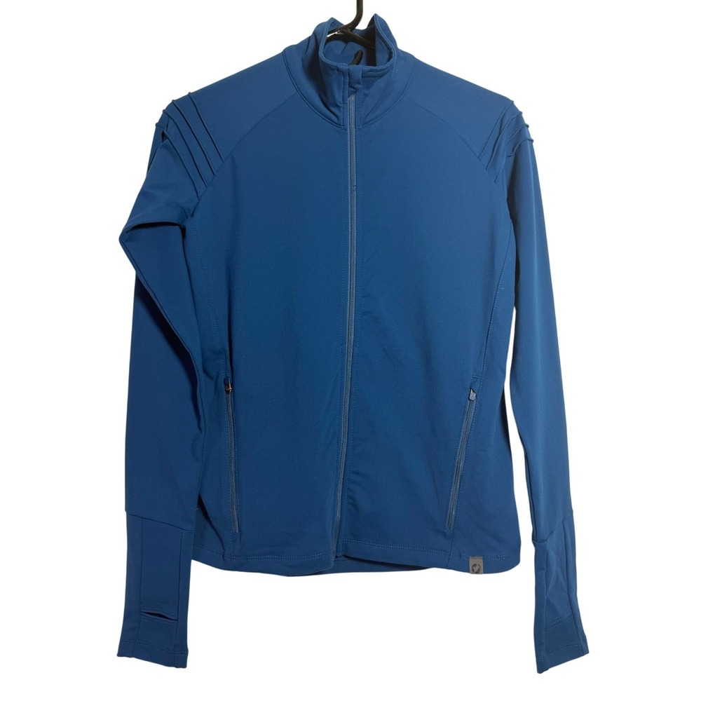 Oiselle Running Jacket Women's Size 2 Teal Blue Pleated Shoulder Full Zip Thumb